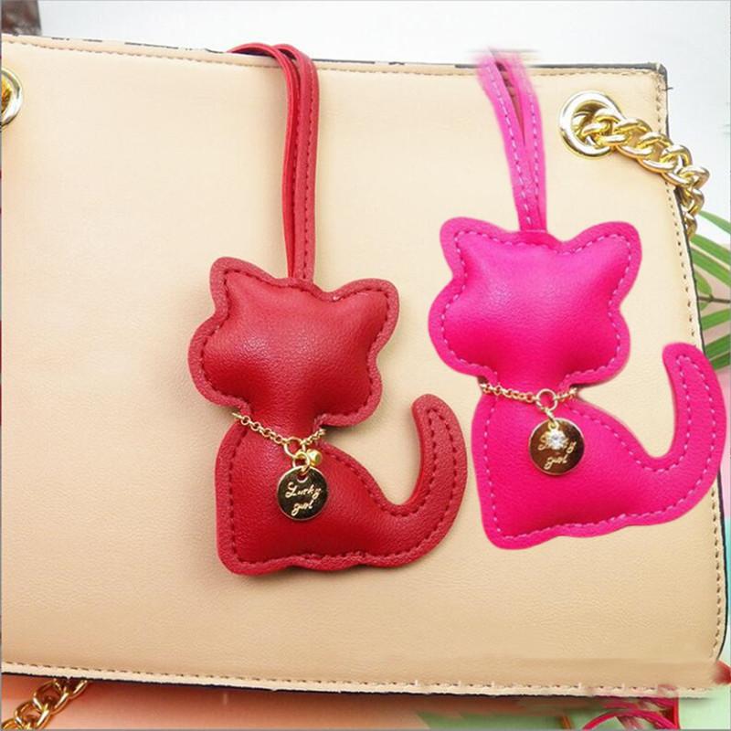Fashion PU Leather Cat Pendant Keychain Cute Animal Keyring Women Bag Charm Handbag Hanging Decoration For Girl Gifts