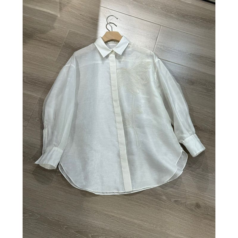 

Безупречная текстура! BC Весна/Лето Шелк Машинная Вышивка Длинные Рукава Повседневная Свободная Рубашка Пальто Женщины Beige White L