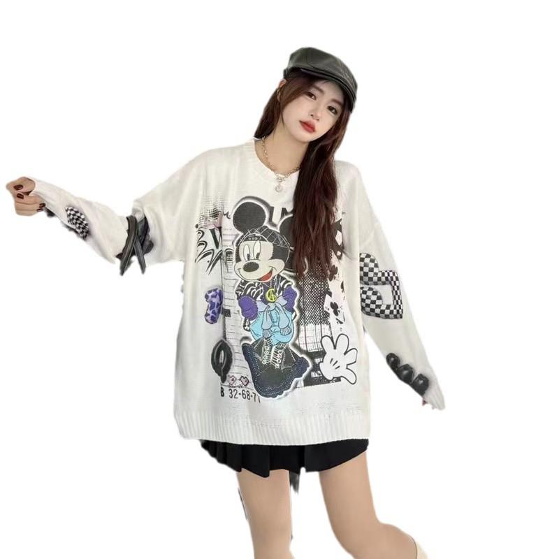 American Retro Rhinestone Mickey Long Sleeve Sweater: Women's Autumn Loose Fit Knit Top