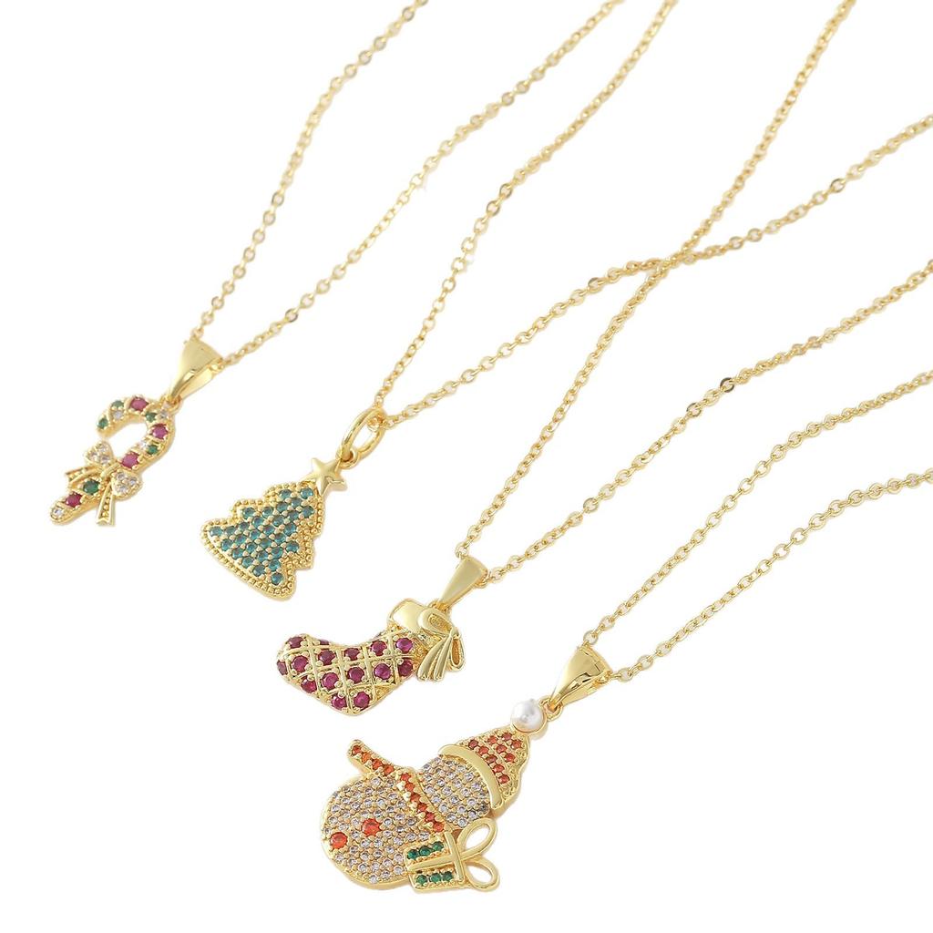 Copper Zircon-Embellished Christmas Tree & Snowman Pendant Necklace