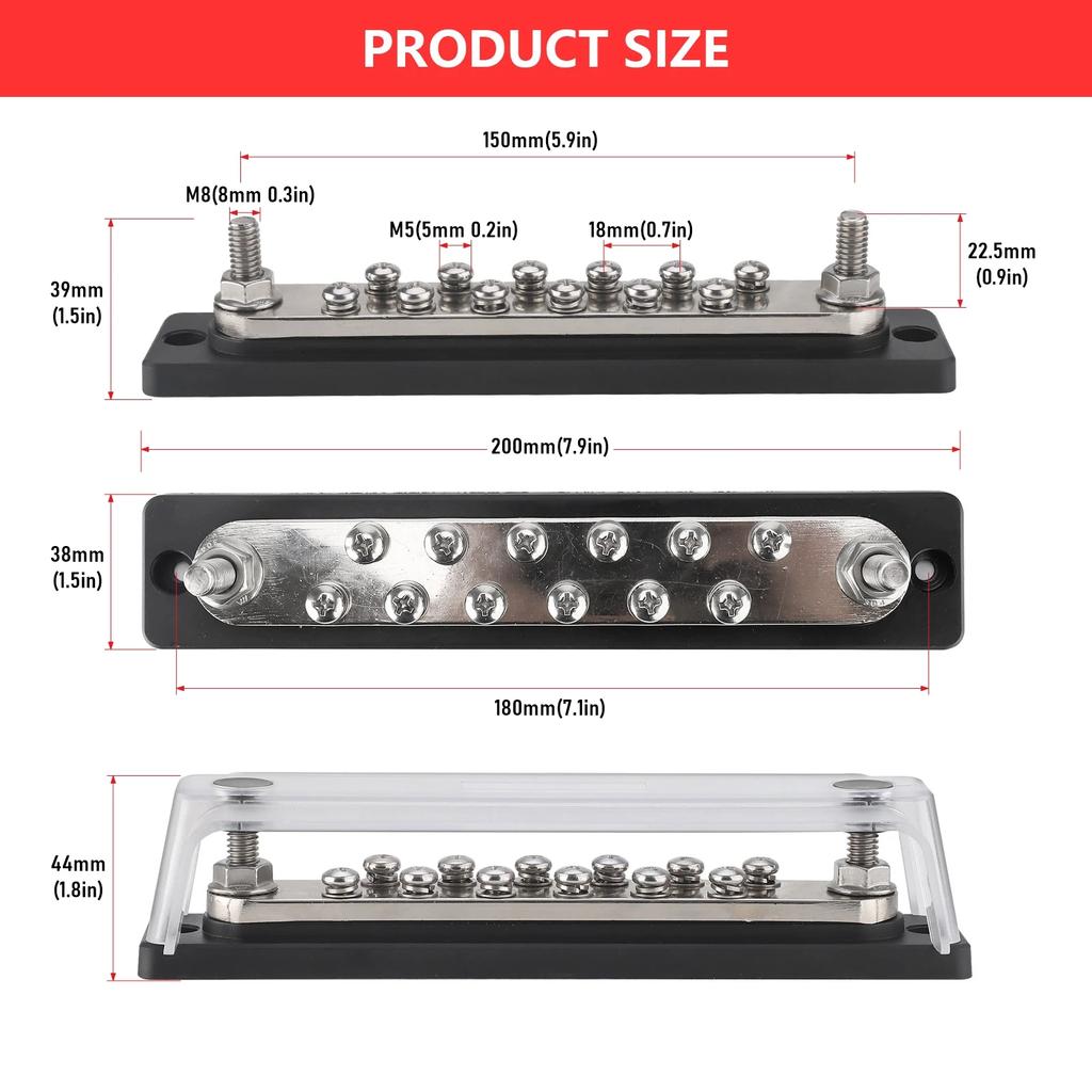 Power Distribution Block with Cover 12 X 5/16" Studs Bus Bar Terminal Block Max 300A 48V DC for Car Boat Marine Trucks RV