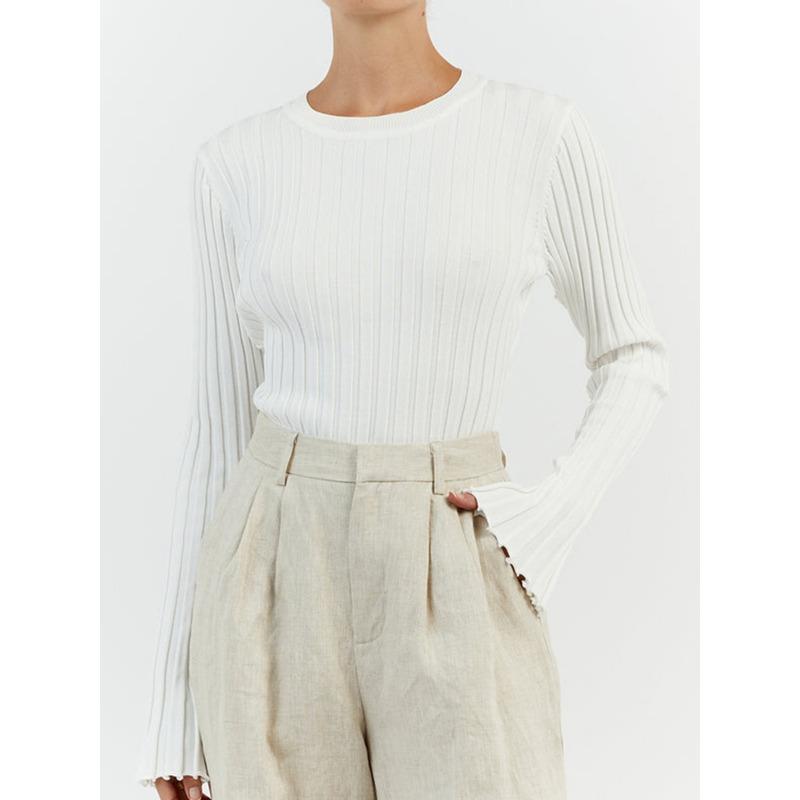 

Женский вязаный свитер с круглым вырезом, базовый слой с рубчатой полоской и длинным рукавом, однотонный облегающий топ для осени и зимы M белый