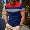 Men's Korean-Style Casual Patchwork Short-Sleeve Polo Shirt V-Neck Button Striped Versatile T-Shirt Top
