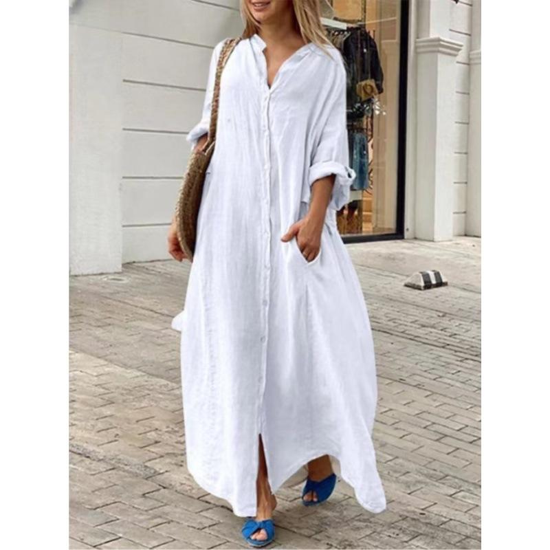 

Long Sleeve Loose Fit Cotton Maxi Dress 4XL білий