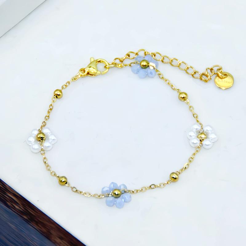 Elegant 18K Gold Beaded Necklace & Flower Bracelet in Titanium Steel