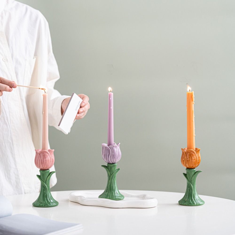 Portavelas Tulipán Estilo Nórdico Diseño Simple Portavelas Hecho a Mano con Forma de Flor Creativo Decorativo Cerámica Soporte para Velas Tulipán