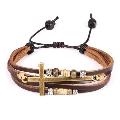 Bracciale di pelle con perline a croce romana retrò europea e americana, bracciale alla moda da uomo