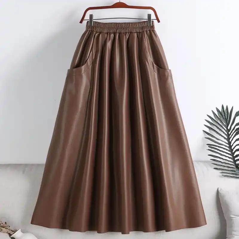 Leather Skirt for Women Casual Versatile Elastic High Waist Long Loose Trousers Solid Color Skirt