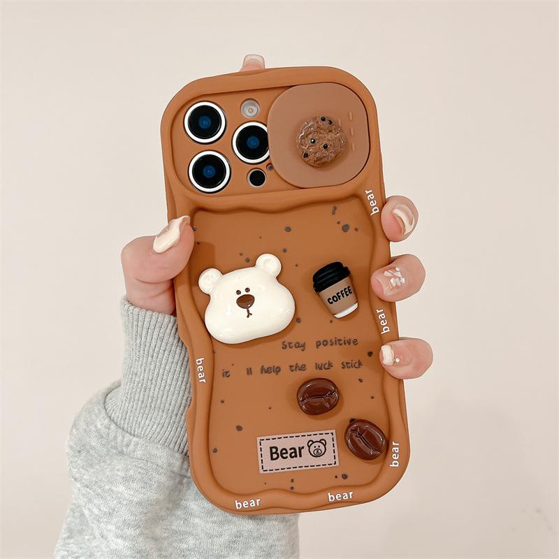 

3D Coffee Cartoon Bear Phone Case With Wrist Strap For iPhone 17 16 15 14 13 12Pro Max Push-Pull Sliding Camera Shockproof Cover iPhone 15 Pro Max