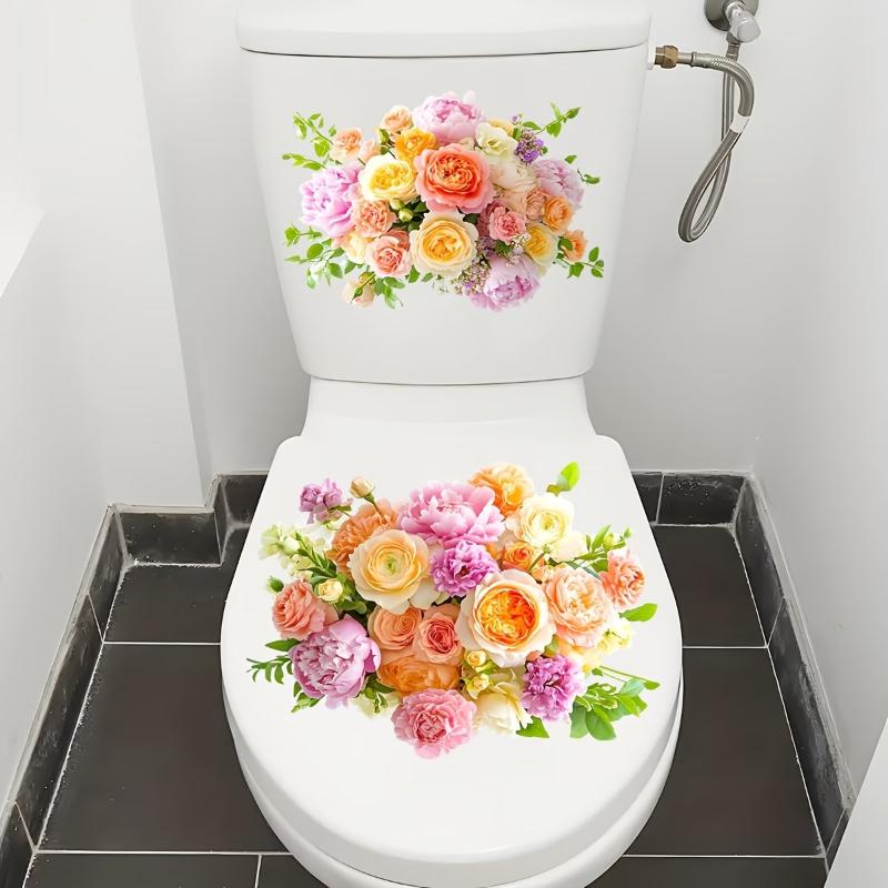 Artistic Colorful Floral Toilet Stickers, Self-Adhesive Removable Toilet Lid Decals For Bathroom Decoration