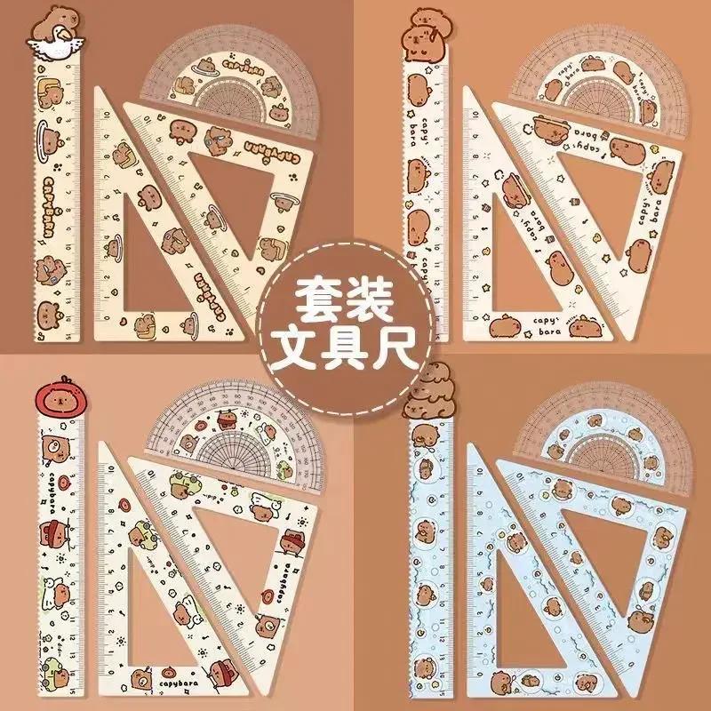 4Pcs Cute Capybara Acrylic Ruler Set – Transparent Drawing & Office Measuring Tools with 30-60-90 Triangle, Kawaii Stationery for Teens