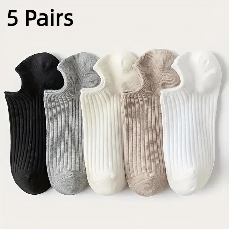 

5 пар изысканных однотонных полосатых женских вязаных носков для летнего комфорта, дышащих, повседневных носков-лодочек с неглубоким вырезом One Size