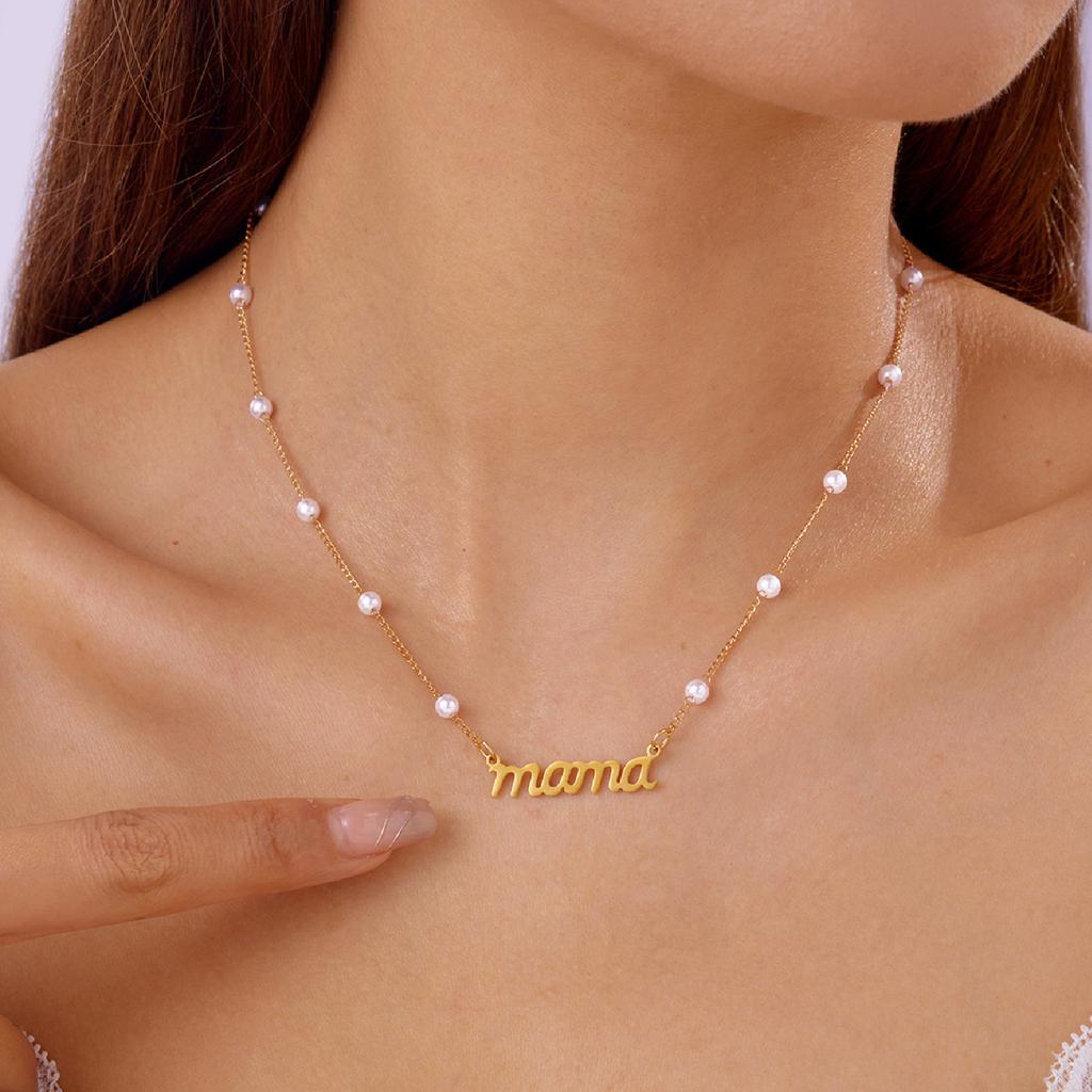 Mother's Day Mama Letter Jewelry Set, Imitation Pearl Necklace Bracelet, Daily Fashion Gift for Mom