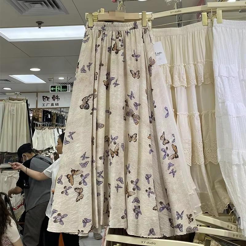 Women s Beige Butterfly Print High Waist Maxi Skirt Elastic Waist Loose A-Line Casual Long Skirt S бежевый