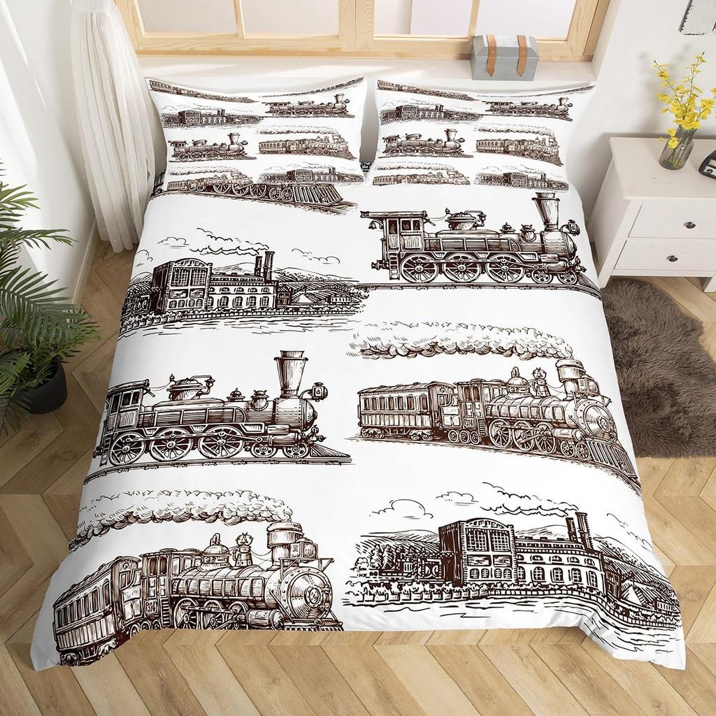 Cartoon Train Duvet Cover Set Black Trains Bedding Set Boys Teens Men Bedroom Single Double Comforter Cover Decor Quilt Covers