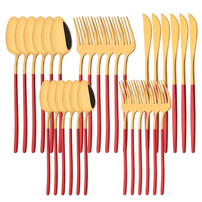 White Gold 30Pcs Dinnerware Set Knife Dessert Fork Spoon Tableware Cutlery Set 18/10 Stainless Steel Flatware Silverware Sets