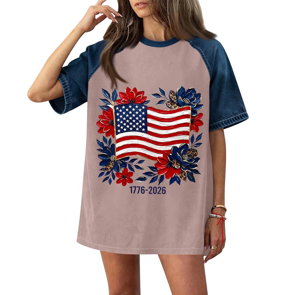 Women Casual Short Sleeve T Shirt Denim Patchwork Top 250th Independence Day Commemorative Print Relaxed Fit Lightweight Tee