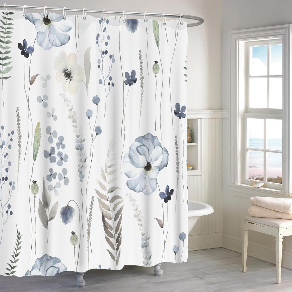 Blue Watercolor Floral Shower Curtain, Botanical Wildflower Design, Waterproof Polyester With Hooks