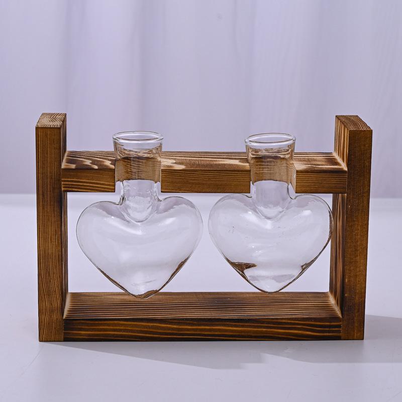 Creative Wooden Frame Heart Shape Hydroponic Small Vase Green Pineapple Plant Glass Bottle Bonsai Container Home Desktop Decor