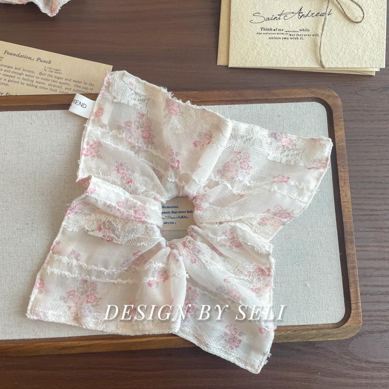 French Small Floral Stripe Sweet 3D Lace Square Scarf Gentle Girl Scrunchie