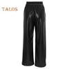 Women Flared Pants Slim High Waist Loose Pockets Faux Leather Elastic Waist Wide Leg Streetwear Solid Color Trousers for Work Leisure Daily Wear