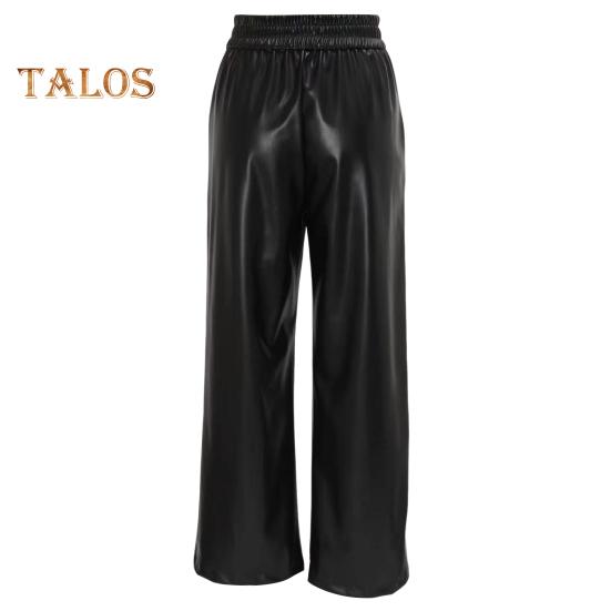 Women Flared Pants Slim High Waist Loose Pockets Faux Leather Elastic Waist Wide Leg Streetwear Solid Color Trousers for Work Leisure Daily Wear