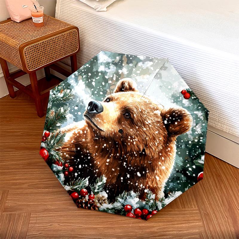 1 PC Automatic Folding Umbrella - Winter Bear Pattern, Portable & Foldable Design with 8 Ribs, Christmas Birthday Gifts