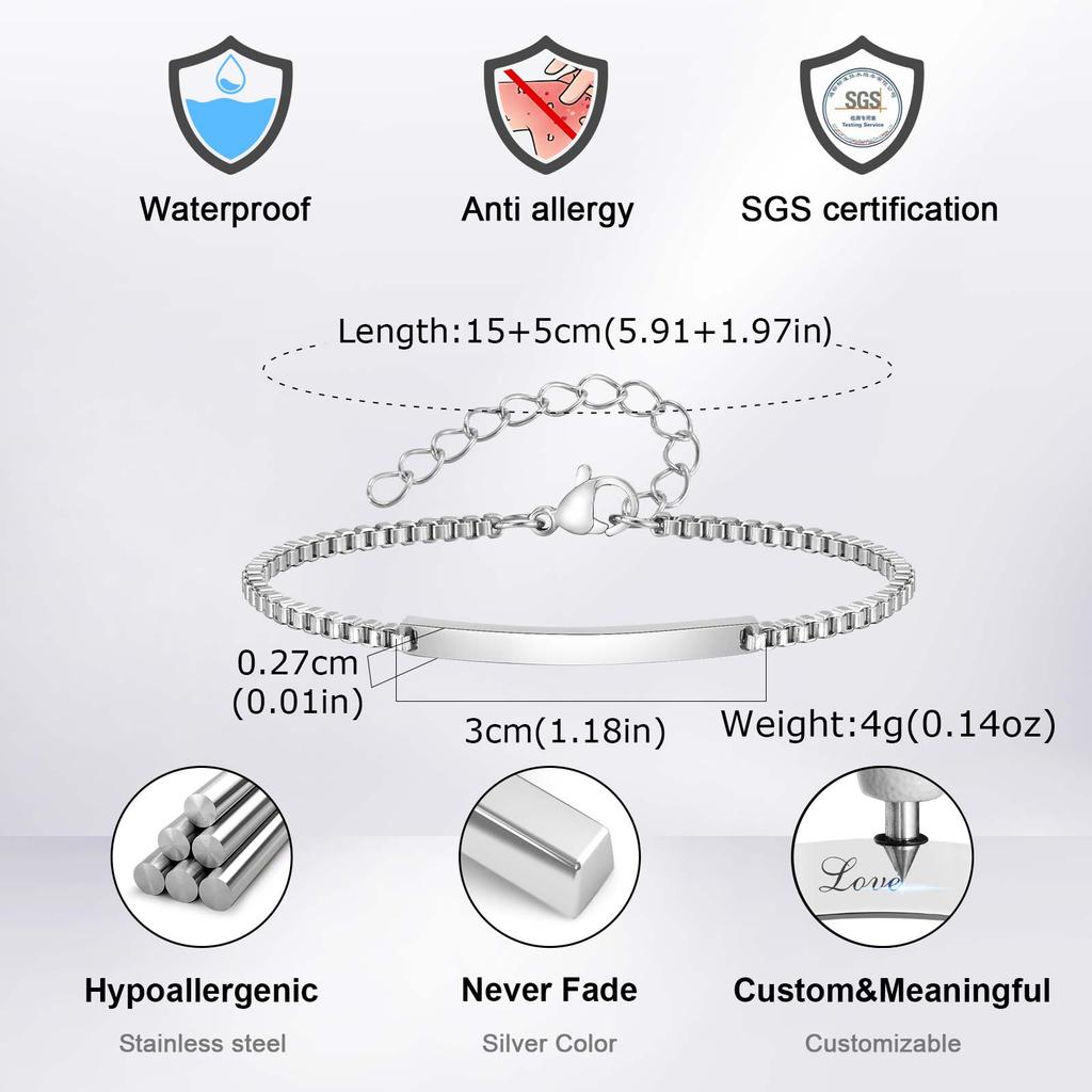 Kostenloses Individuell Gestaltbares Edelstahl Partnerarmband, Spiegelnde Gebogene Markenarmbänder für Damen Herren, Silberfarbene Partner Schmuck Geschenke