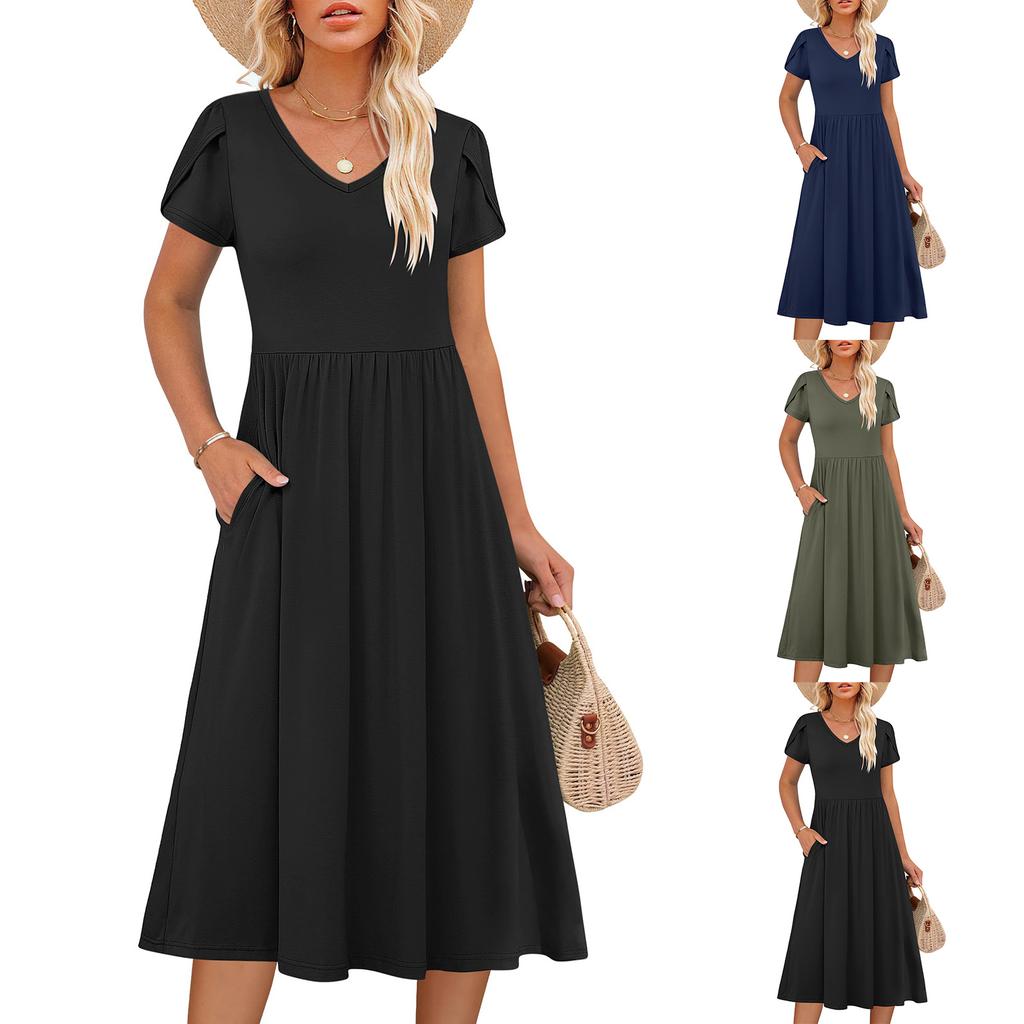 Women's Color Short-sleeved Slim Fit Fashionable Long Dress