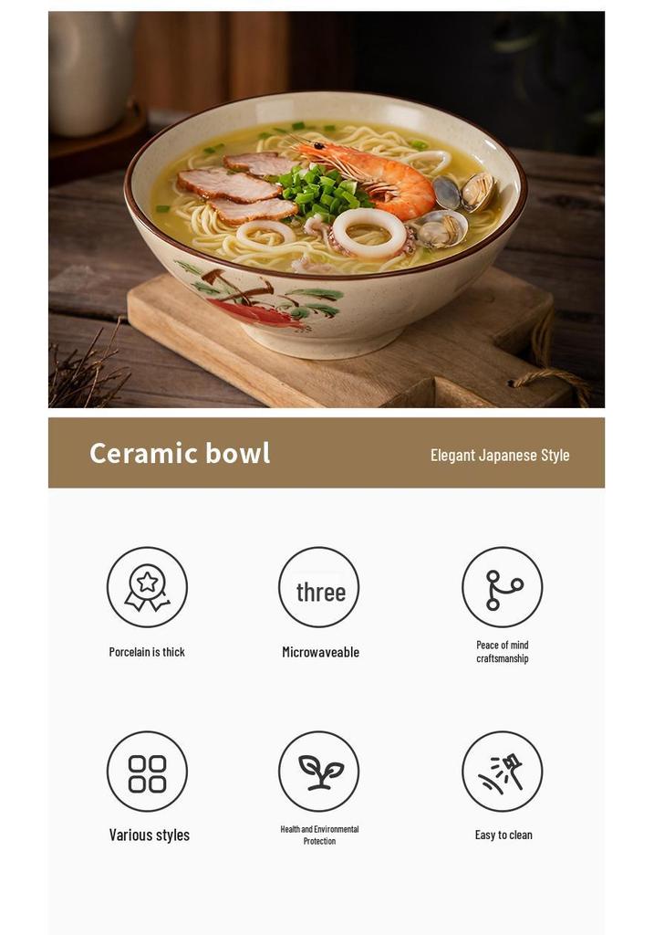 Large Chinese Retro Ceramic Ramen Bowl Set - Creative Home Tableware with Conical Hat Design