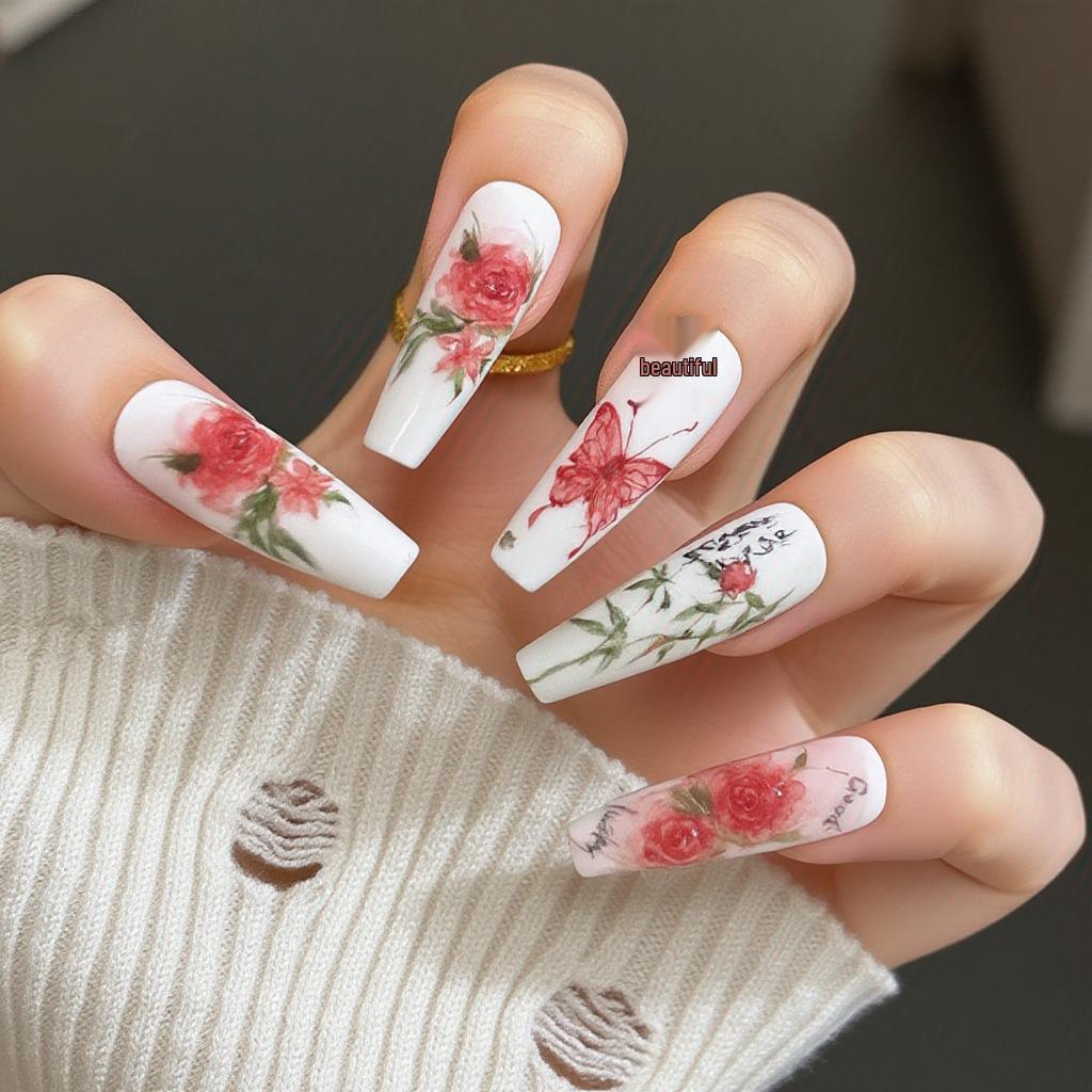 Elegant European Butterfly Rose Long Ballet Fake Nails Set