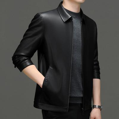 New Genuine Leather Jacket Men's Slim Short Lapel Middle-aged and Elderly Men's Leather Jacket Dad's Jacket