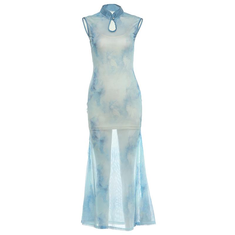 2026 European and American pure desire sexy celebrity temperament style improved cheongsam waist mesh yarn hip-wrapped dress women
