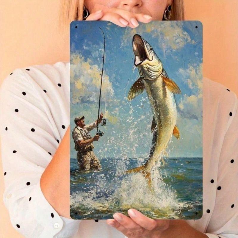 Vintage Metal Poster Fish Fishing Wall Art Garage