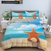 Blue Ocean King Queen Husă de pilotă Set de lenjerie de pat cu scoici de stea de mare de desene animate pentru copii, adolescenți, adulți, plajă, 2/3 buc, husă de pilota din poliester