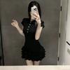 Summer New Black Polo Neck Short Sleeve Dress Women's College Style Slim Fit Light Yahlia Leaf Edge Cake Dress