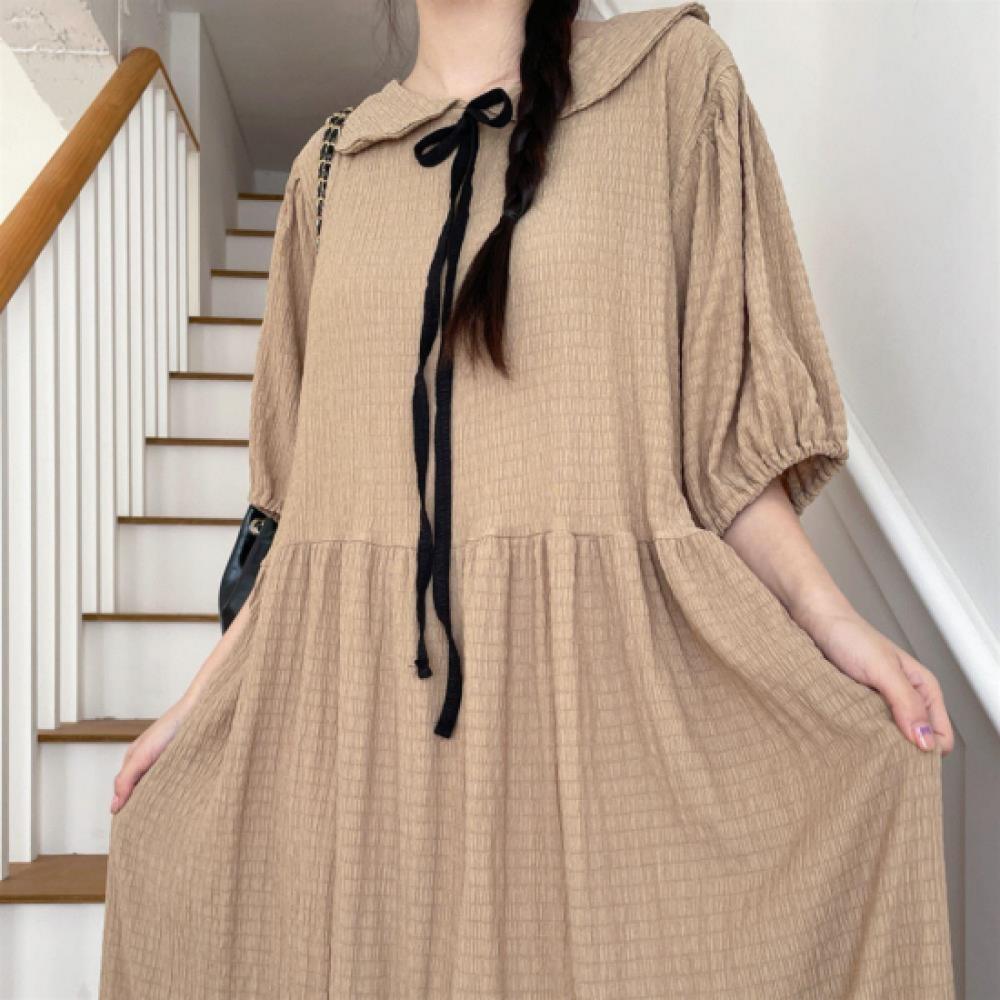 New Arrivals Open Run Women Puff Sleeve Ribbon Design Long Dress