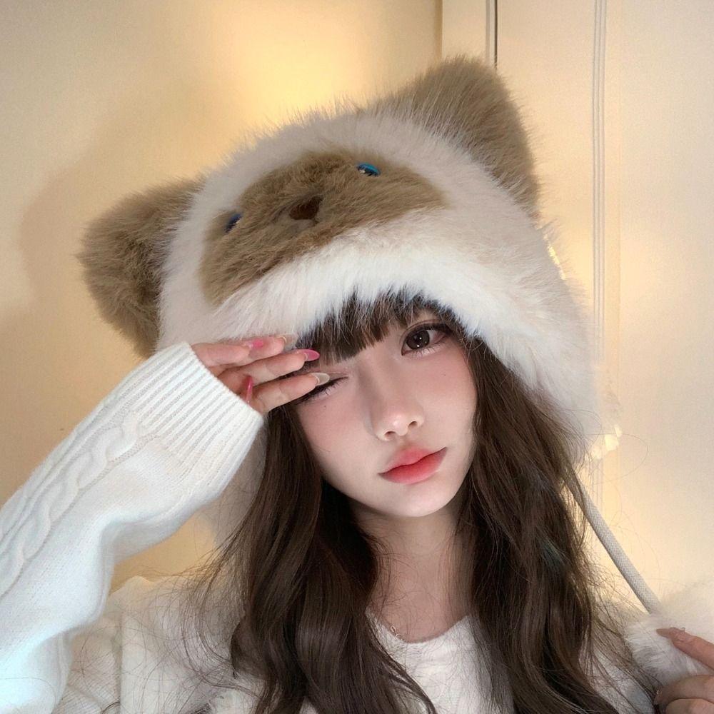 Soft Animals Ears Beanie Hat Thicken Woolen Hat Winter Fluffy Pullover Cap  Outdoor