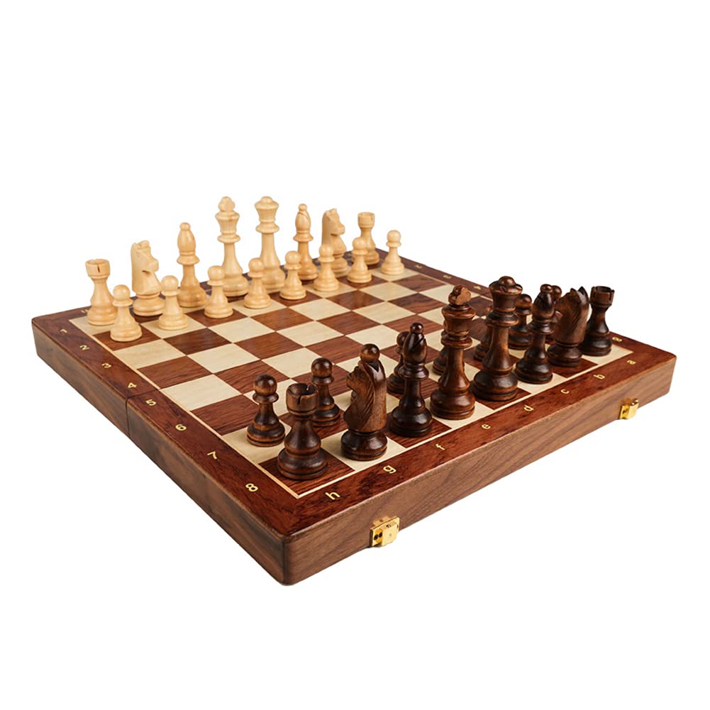 HEIYE Wooden Chessboard International Chess Game Folding Chessboard with Crafted Chess Pieces and Storage Slots for Kids and Adults Set, 15-inch