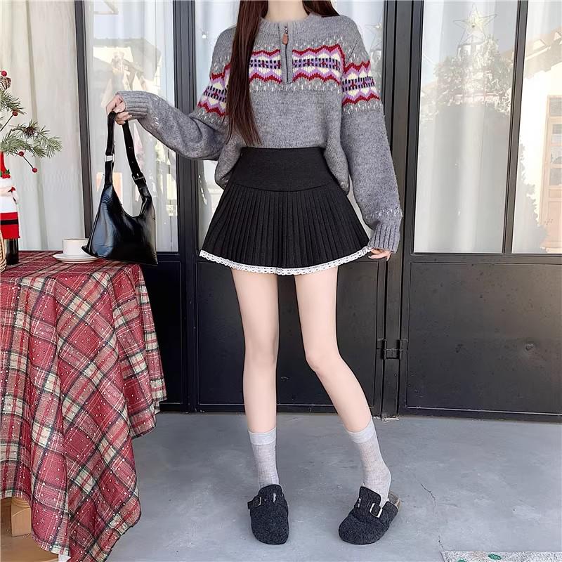 Spring Sexy Pleated Lace-Trim High Waist Woolen Skirt