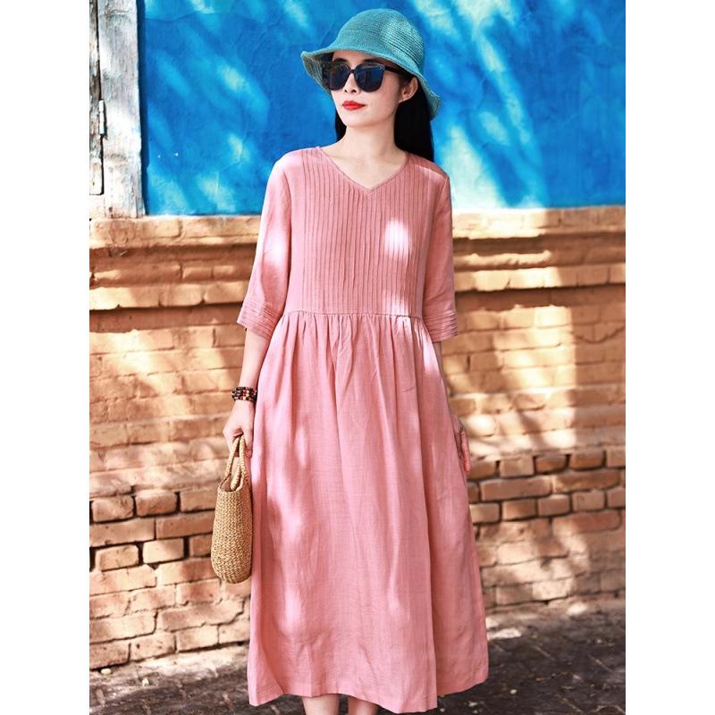 2026 Summer Cotton Linen V-Neck Artistic Long Dress for Women