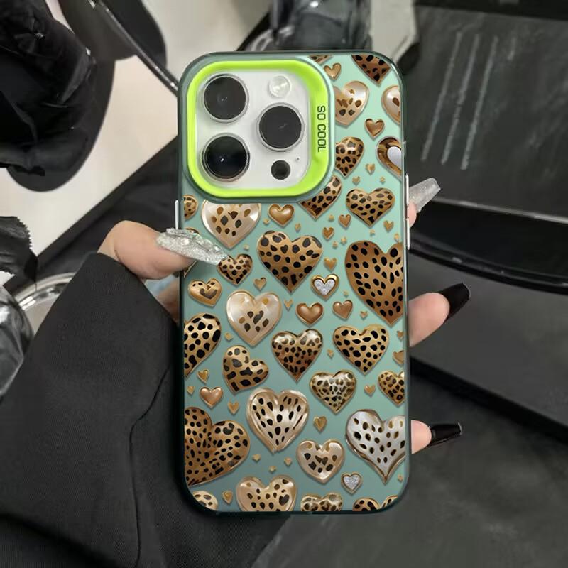 Love Heart Leopard Print Electroplate Silver Phone Case For iPhone 16 Pro Max 15 14 13 12 11 7 8 Plus X XS XR Shockproof Cover