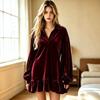 Women'S Solid  Color Velvet Collared Dress V Neck Lantern Sleeve Ruffle Hem Loose Mini Shift Dress Fall Winter