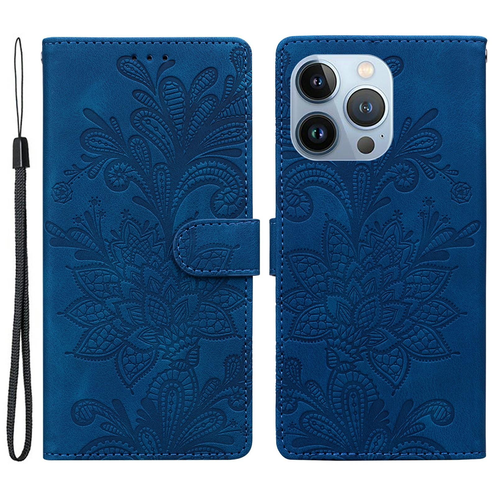 

For iPhone 16 Pro Max Case Imprinted Lace Flowers PU Leather Wallet Phone Cover Dark Blue