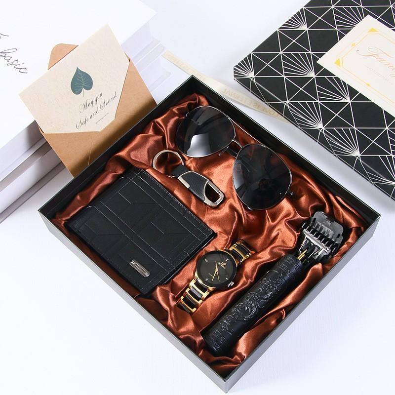 Premium Men's Souvenir Gift Set Custom Logo Leather Wallet Belt Watch Sunglasses 4-Piece Valentine Birthday Luxury Box