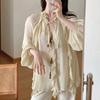 Womens Layered Romantic Blouse With Tie Detail Loose Fit Long Sleeve Top In Beige