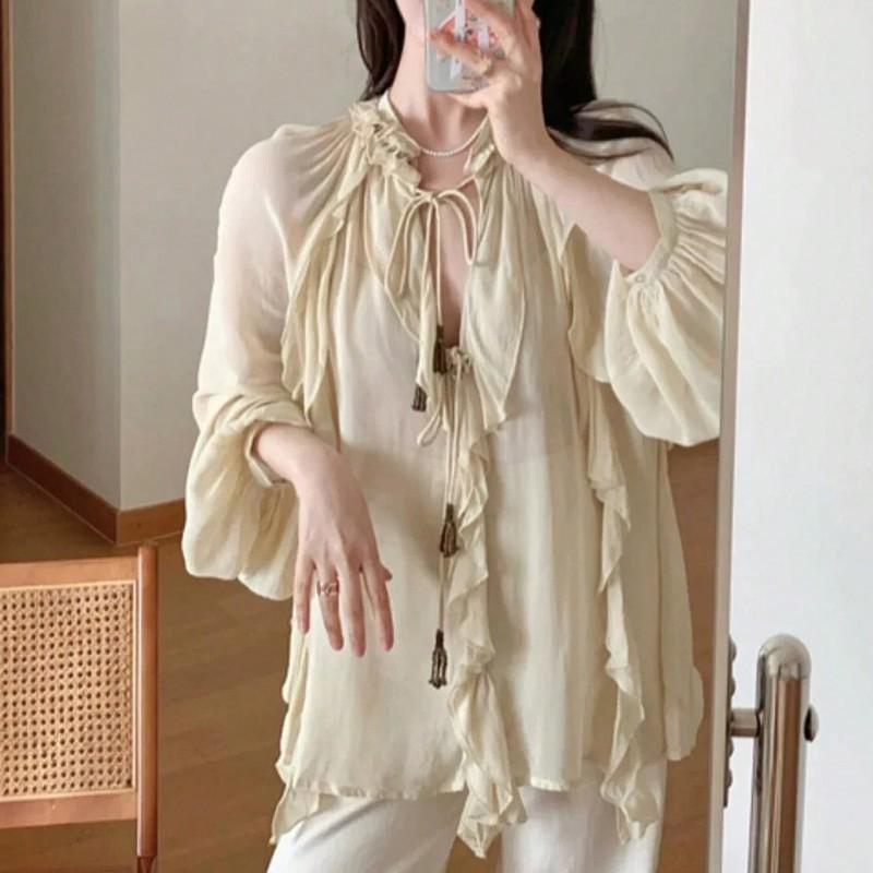 Womens Layered Romantic Blouse With Tie Detail Loose Fit Long Sleeve Top In Beige
