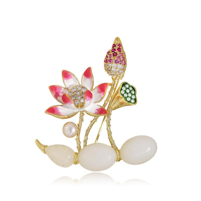 National Style Powder Lotus Lotus Brooch High-End Women'S Exquisite Enamel Lotus Pod Brooch Light Luxury Design Sense Pin Suit Accessories