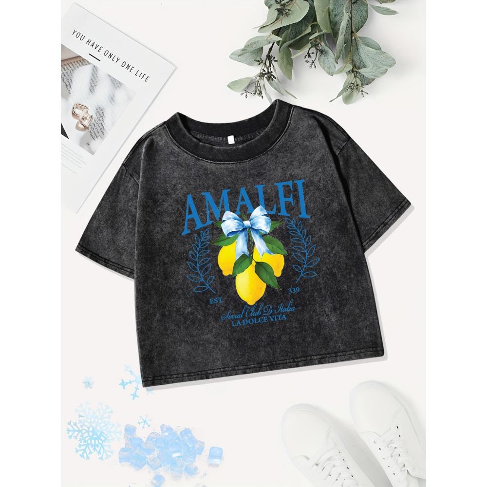 Summer Cotton Crop Tops Women Amalfi Est 339 Ladolce Vita Lemonprints Washed T-Shirt Fit O-Neck Tees Casual Clothes