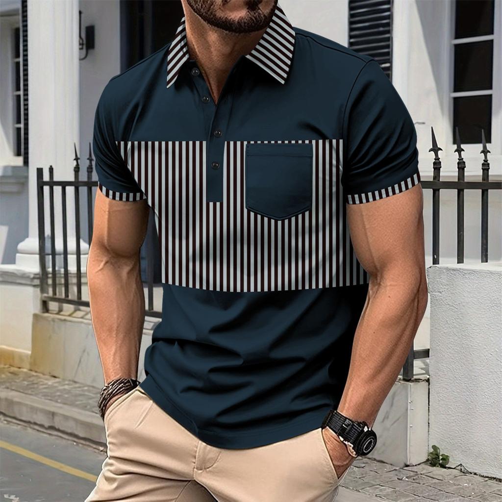 New men's casual POLO shirt pockets buttons long placket lapel striped matching colour splicing T-shirt tops